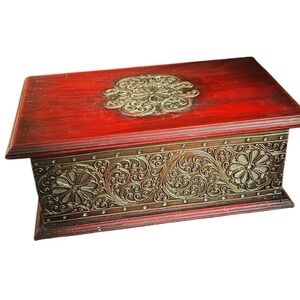 Vintage Indonesian Ornate Red and Gold Decorative Wooden Trinket Jewelry Box